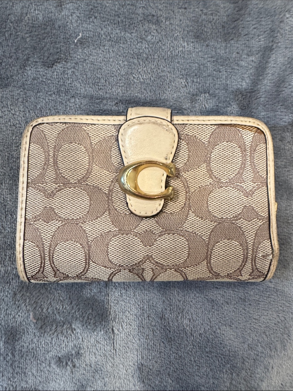 Coach Beige Signature Canvas Compact Wallet with Chalk Trim